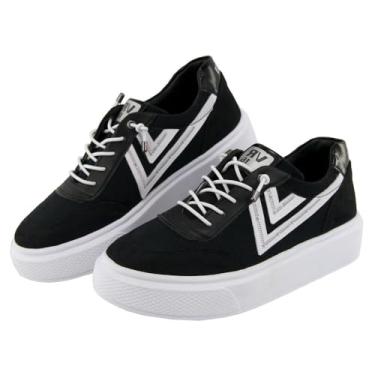 Imagem de Tenis Casual Feminino Ajuste Cadarço Detalhe Costura Lateral Palmilha Gel Confortavel Leve Tamanho:34;Cor:Preto+Branco;Gênero:Feminino;Departamento BS:Esporte