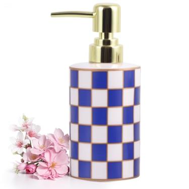 Imagem de Dispensador de sabão de banheiro quadriculado, dispensador de sabão de cerâmica com bomba dourada, garrafa vazia de tabuleiro de xadrez para cozinha, organizador de armazenamento de bancada de banho