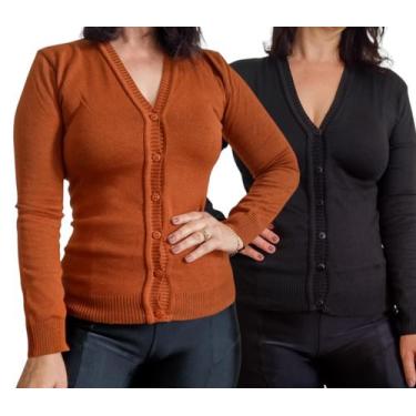 Imagem de Kit 02 Blusa Tricô Cardigan Feminino Suéter Casaquinho com Botões Gola
