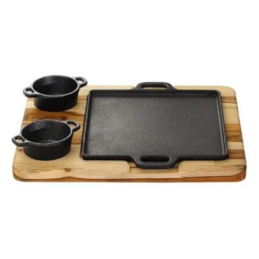 Imagem de Chapa De Ferro Com 2 Molheira Suporte Madeira Pestiqueira