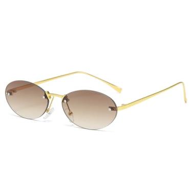 Imagem de Óculos de sol ovais sem aro femininos, óculos de sol punk masculinos, óculos de dirigir, redondos, sem armação, óculos de metal femininos, proteção UV400, marrom degradê, 144 mm