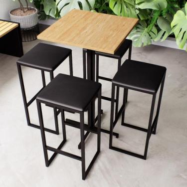Imagem de Conjunto Mesa Alta Bar Bistrô Quadrada Pinus 4 Bancos Estofado Industr