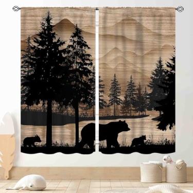 Imagem de Cortinas de urso de fazenda, retrô rústica floresta lago pinheiro silhueta cabana chalé vintage blackout janela tratamentos para cozinha, quarto, sala de estar, conjunto de 2 painéis, 160 x 183 cm