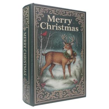 Imagem de XIAOAIKA Caixa de livro de madeira decorativa de Natal, caixas de livros artificiais vintage com capa de couro, armazenamento secreto com fecho magnético, caixa de presente de feriado para decoração