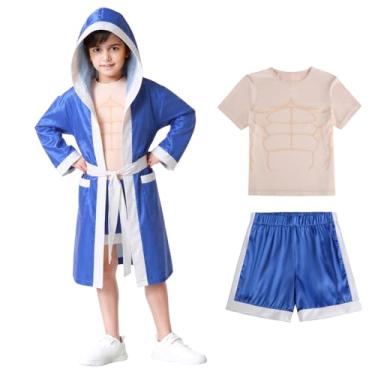 Imagem de yolsun Child's Boxing Costume Hooded Robe Satin Boxer Cosplay With Shorts Set(Blue White,S)