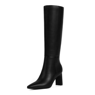 Imagem de QIY Botas de cano alto femininas de couro sintético, salto alto, bico quadrado, bico fino, zíper lateral, botas longas e altas para mulheres, Preto, 41