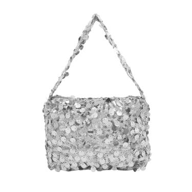 Imagem de BOLLEY JOSS Mini bolsa feminina com lantejoulas brilhantes brilhantes para noite bolsa clutch de pulso bolsa triangular com glitter, Prata deslumbrante, One Size