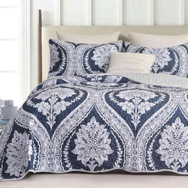 Imagem de Nanko Conjunto de colcha Queen Size 3 peças, colcha de cama de damasco floral azul marinho branco e grande, colcha macia e leve, edredom acolchoado fino boêmio, conjunto de cama feminino masculino 224
