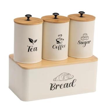 Imagem de ＫＬＫＣＭＳ Conjunto de recipientes de cozinha para armazenamento de alimentos, caixa de pão rústica, armazenamento de café, chá e açúcar para cafeteria, casa e, Bege