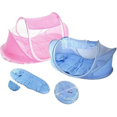 Imagem de Berço Portátil Azul com Mosquiteiro, Tenda Musical e Cercado Infantil – Conforto, Segurança e Diversão para Bebês em Casa ou Viagem