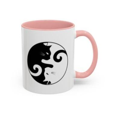 Imagem de Caneca de café de gato Yin Yang – Design fofo de gatinho preto e branco – Caneca com detalhes de cerâmica para amantes de gatos - Ideia de presente de aniversário e Natal (rosa, 325 ml)