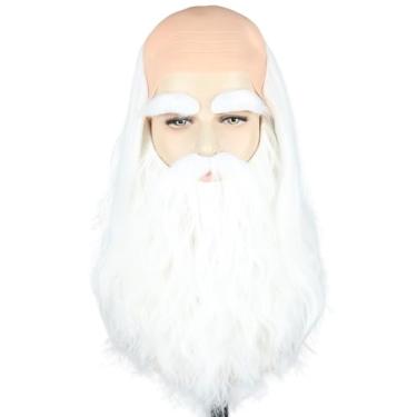Imagem de LeMarnia Conjunto de perucas masculinas de feiticeiro branco com touca careca e barba longa encaracolada para fantasia de festa de Halloween