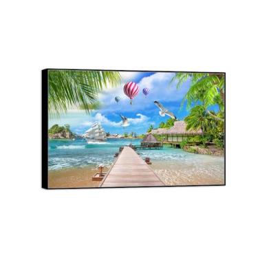 Imagem de Impressão em tela de paisagem - imagem moderna de arte de parede da natureza - ponte da praia do mar - pôster moldura preta para decoração de casa de banho 60 x 90 cm 24 x 35 pol