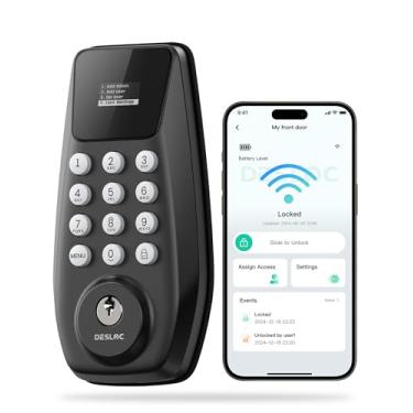 Imagem de DESLOC Fechadura de porta C100 Plus com visor, fechadura de porta de entrada sem chave, fechadura de teclado com tela, trava automática, 100 códigos PIN, modo de passagem, IP54, bateria de 12 meses