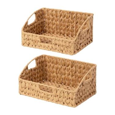 Imagem de GRANNY SAYS Cesta de armazenamento de vime para prateleiras, cesta de vime com alças, cestas de tecido trapézio para armazenamento, cestas decorativas para decoração de casa, natural, pacote com 2