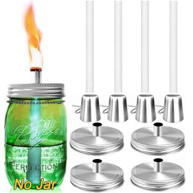 Imagem de Conjunto de kit de tocha de mesa para ambientes externos, pavios de fibra de vidro, tampa de aço inoxidável com tampa de fogo, 15 cm de altura, para decoração de mesa de jardim e pátio, luzes de tocha