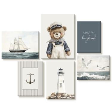 Imagem de Urso de pelúcia arte de parede para quarto de bebê meninos pôster vintage decoração de parede quarto infantil impressões costeiras imagens de urso marinheiro pintura náutica de veleiro para quarto 20