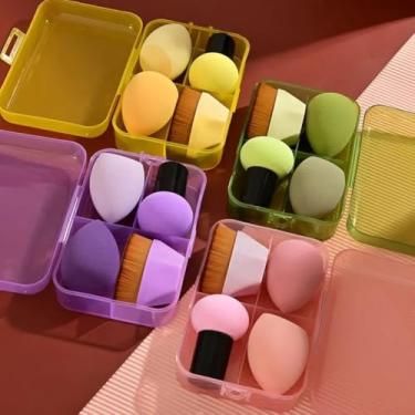 Imagem de Kit Esponja de Maquiagem Hexagonal com Estojo, Pincel Maquiagem Hexagonal Magico Kabuki, Chanfrada, Esponja Gota e Esponja Cogumelo (Amarelo)