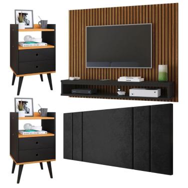 Imagem de Painel Suspenso TV Até 50 Polegadas Cissa Sala Cabeceira Estofada Cama Box Casal 1,40 Luana Kit 2 Mesinhas Retrô Gavetas Nicho Dream Quarto - RPM