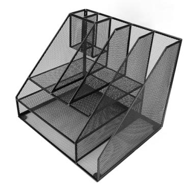 Imagem de Garosa Organizador de Mesa de Malha de Metal, 3 Bandejas, 2 Porta-canetas, Rack de Arquivos, Armazenamento Multifuncional para Escritório, Escola, Casa