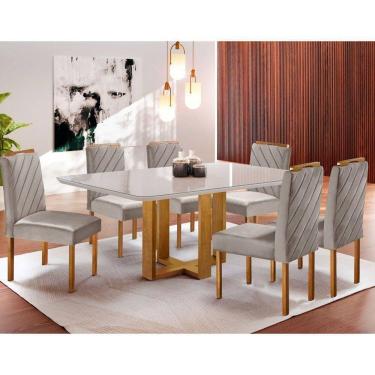 Imagem de Kit Sala De Jantar 6 Lugares Mesa Lisy E 6 Cadeiras Jade Veludo - Off White Com Marrom Acinzentado