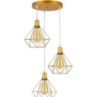 Imagem de Luminária Pendente Triplo Diamante, Aramado Geométrico, Base Dourada, 
