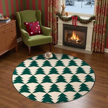 Imagem de jinchan Tapete redondo de Natal para sala de estar, 1,5 m, círculo, para quarto, estampado, verde, árvore de Natal, 1,5 m, decoração de Natal, tapete lavável para sala de jantar, hall de entrada
