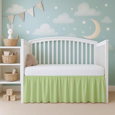 Imagem de True linen Saia de cama para berço sage Dust Ruffle, canto dividido, 100% algodão natural, saia de cama infantil para bebês meninas ou meninos, saia para cama com babados com cantos divididos, 35,5 cm de altura