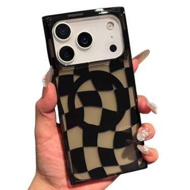 Imagem de Capa de telefone retangular quadriculada para iPhone 15 Pro Max, compatível com Magsafe, xadrez xadrez Twist, capa de proteção de canto reforçada fina para iPhone 15 Promax, preto transparente