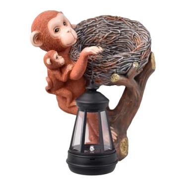 Imagem de Fenteer Estátua de macaco movida a energia solar, luz de estatueta de macaco, artesanato, coleção, decoração de jardim, ornamento de resina para caminho,