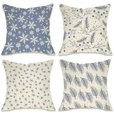 Imagem de Fahrendom Capas de almofada decorativas azuis de inverno 45,7 x 45,7 cm, conjunto de 4, floco de neve, agulha de pinheiro, baga, varanda, pátio, capa de almofada para sofá, decoração de casa