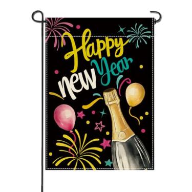 Imagem de Artofy Feliz Ano Novo 2026 Pequena Bandeira Decorativa de Jardim, Balão Colorido Champanhe Fogos de Artifício Celebração Quintal, Decoração Externa de Natal Inverno Serapilheira Exterior Decoração de