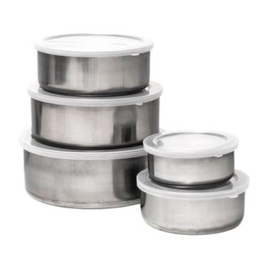 Imagem de Conjunto de Potes Tigelas Bowl Inoxidáveis 5 Peças (200 a 1200 ml) com Tampa Plástica — Bowls de Inox para Cozinha Saladeira Armazenar Alimentos Potes Duráveis para Preparar Cozinhar e Servir