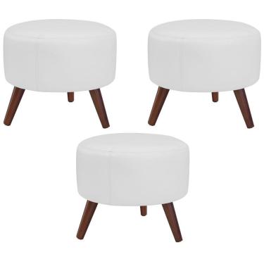 Imagem de Kit 03 Puffs Decorativos Redondo Couro Branco Fosco