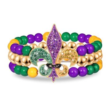 Imagem de FAERLIIRY Pulseiras femininas com contas de carnaval com contas pulseiras elásticas roxas e verdes douradas acessórios de carnaval, Large, Liga metálica, Sem Pedra Preciosa