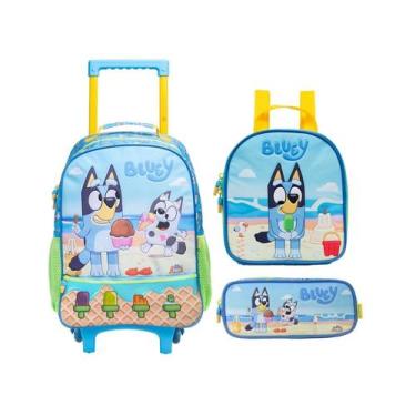 Imagem de Kit Mochila Rodinha Escolar Bluey Lancheira Estojo 2026 Azul Bluey - X