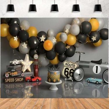 Imagem de Balão dourado preto estrelas 1º aniversário fotografia fundo para meninos meninos rota 66 um ano primeiro bolo esmagar festa de aniversário banner carro corrida foto pano de fundo menino aniversário