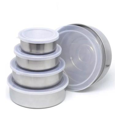 Imagem de Jogo 5 Potes Inox Tampa Marmita Conjunto Vasilha Refeiçao Alimento Org