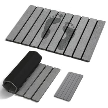 Imagem de 2 peças de tapetes de banho dobráveis de pedra para banheiro com bandeja de pia, 61 x 40 cm, superabsorvente e de secagem rápida, tapete de banho de terra diatomácea e bandeja antiderrapante de pedra