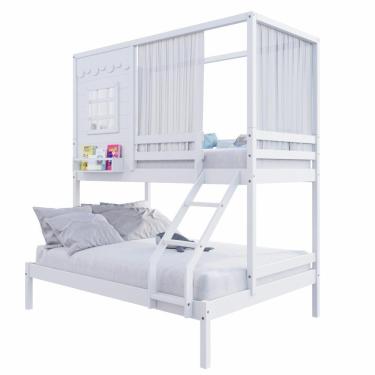 Imagem de Beliche Casinha Reta Casal- Solteiro Com Cortina Madeira Maciça Branco Housin