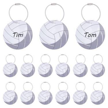 Imagem de UNICRAFTALE 15 peças de etiquetas de bagagem de bola esportiva PVC etiquetas de nome de vôlei bolas brancas etiqueta de bagagem com 15 peças de fio de aço inoxidável chaveiros para homens mulheres