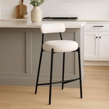 Imagem de Banqueta Cozinha Média com Encosto Industrial Preto Londres PU Branco D03 - D'Rossi