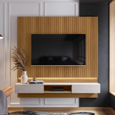 Imagem de Painel Roma P/ Tvs Até 70 C/ Bancada 2 Gavetas Suporte P/ Decoração - Freijo Ripado/off White Perolizado