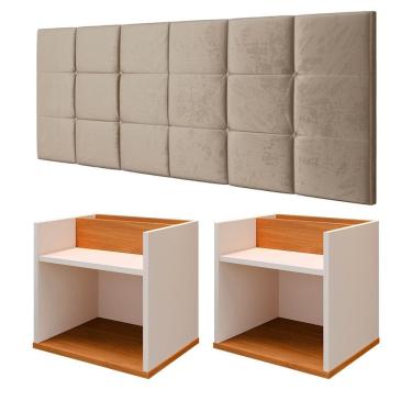 Imagem de Kit 2 Mesas Suspensa Madri Off/Cinamomo Nicho Aparador Lateral Cabeceira Bia 1,60 Painel Cama Box Queen Size Bege Suede Quarto 