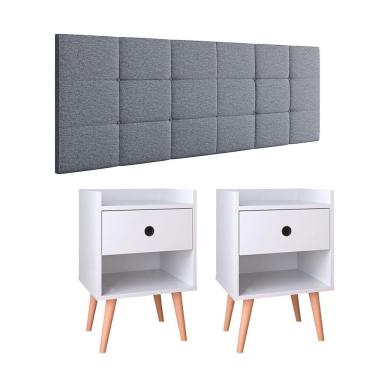 Imagem de Kit Cabeceira Almofadada Painel Cama Box Casal 1,40 Bia Cinza Linho e 2 Mesinhas com Gaveta Retrô Canto Quarto Decore Branco - Lojas RPM