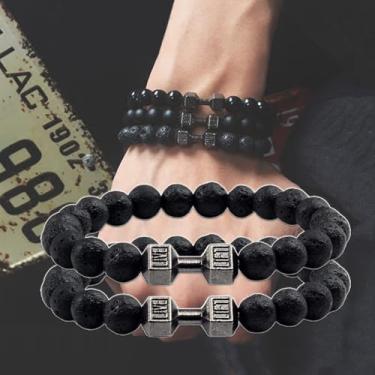 Imagem de 2 pulseiras elegantes combinando com contas para homens e mulheres com halteres modernos, corda elástica - pulseira de contas pesadas para academia, 19cm, Pedra, Sem Pedra Preciosa