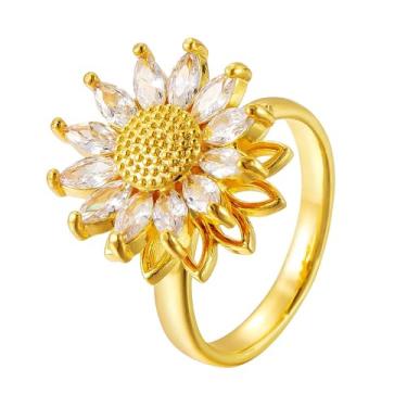 Imagem de Kokoma Anel de girassol para mulheres, zircônia cúbica, floral, giratório, anel de geladeira, ajustável, empilhável, para alívio da ansiedade, joias modernas, uso diário
