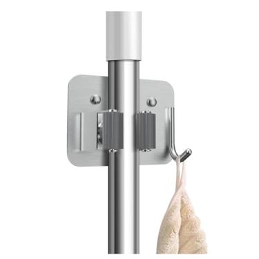Imagem de nacena Suporte de parede para vassoura, 4 unidades, prata, aço inoxidável, esfregão e vassoura, com ganchos, organizador de vassoura e esfregão resistente, pendurar na parede para banheiro, cozinha