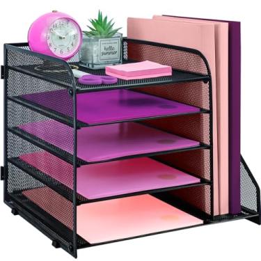 Imagem de ideallife Organizadores de mesa e acessórios com suporte de arquivo, organizador de bandeja de papel de 5 camadas, organizador de documentos de mesa de malha para material de escritório, espaço de