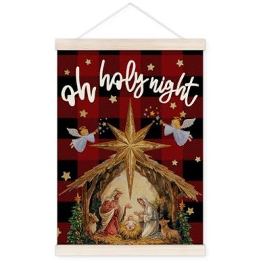 Imagem de TWRVI Cabide de pôster de presépio de Natal cristão com moldura de madeira, decoração de parede de Natal cristão para casa, pôster xadrez de búfalo religioso Jesus Natividade para decoração de quarto